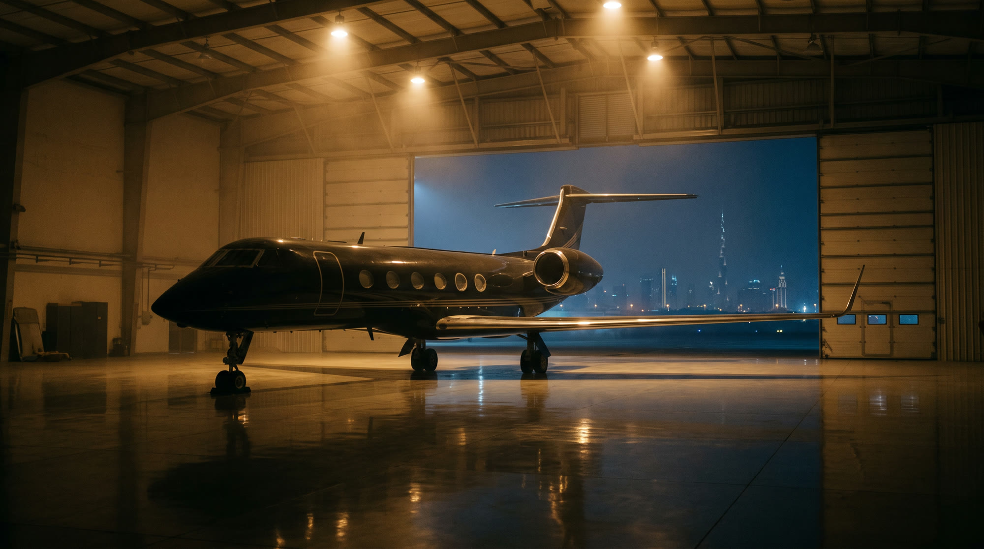 Super midsize jet in a private hangar