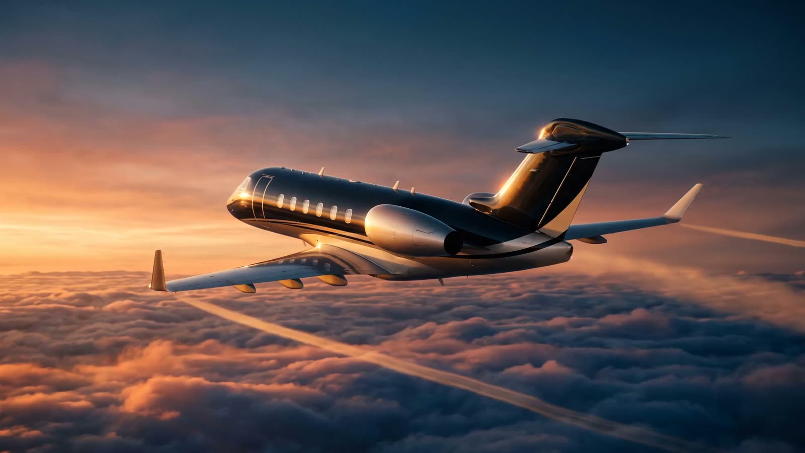 Private jet above the clouds at golden hour