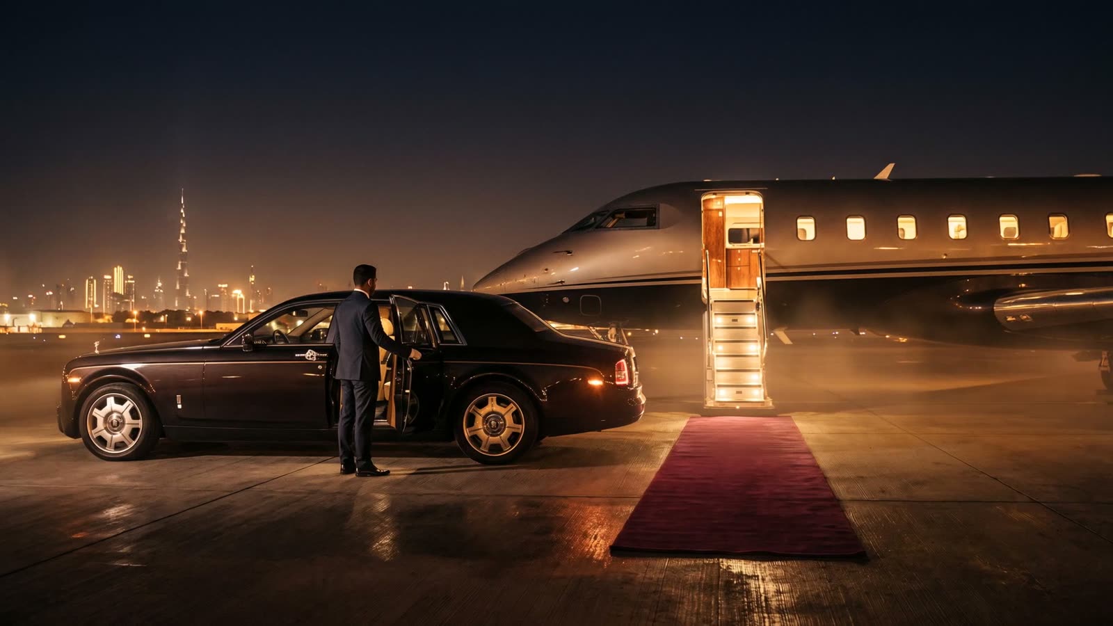 Car pulling up beside a private jet on a wet apron