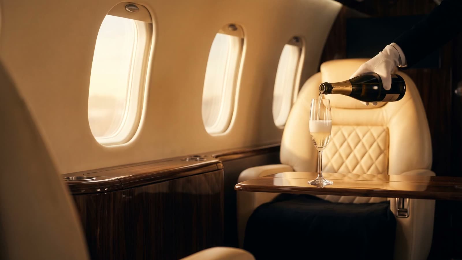 Champagne poured in a private jet cabin
