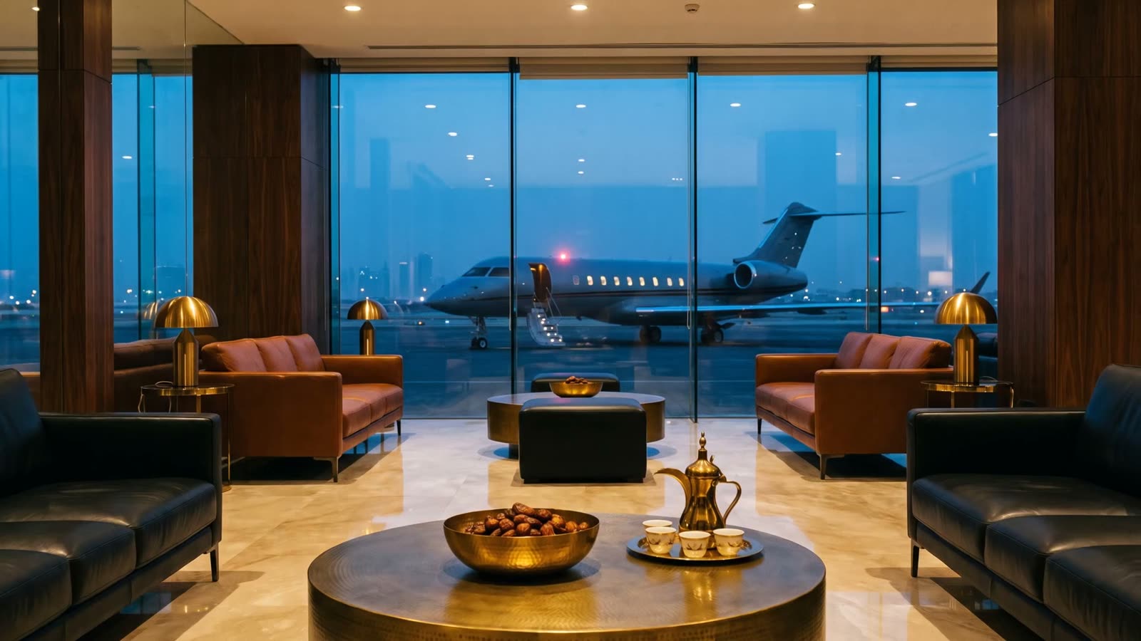 Private terminal lounge looking out to a waiting jet